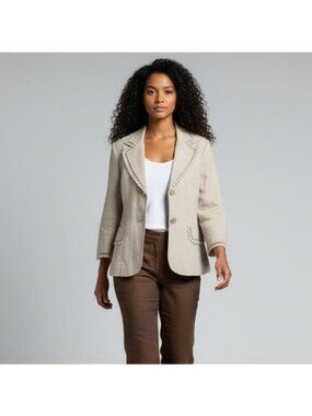 New Beige Linen Cotton Blend Lace Trim Blazer Jacket 3/4 Sleeves Newport News Si